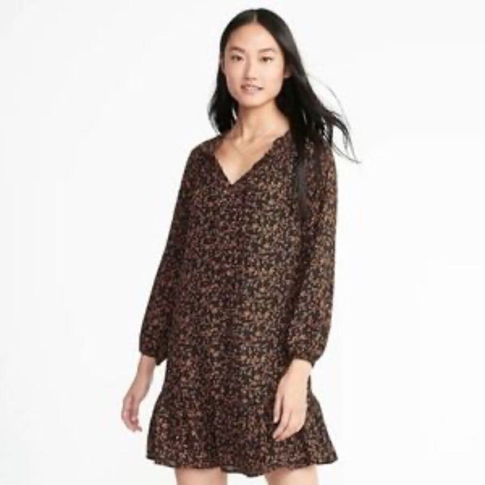 OLD NAVY | Floral Dress Long Sleeves Ruffle Neck Georgette Chiffon Swing L373